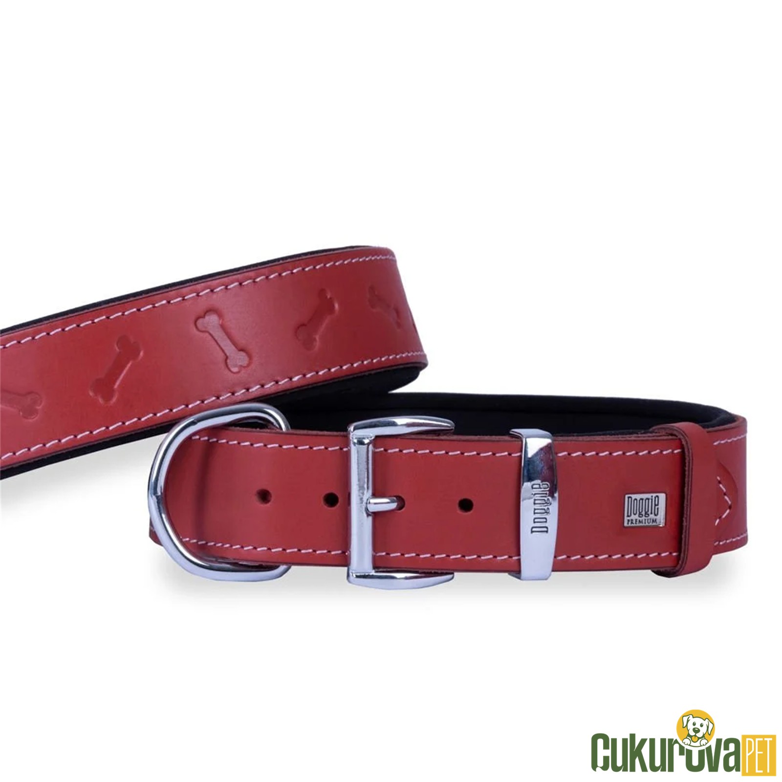 Doggie Konforlu Gerçek Deri̇den El Yapımı Kemi̇k Desenli̇ Köpek Boyun Tasması M - 4 x 52 - 60 Cm - Kırmızı