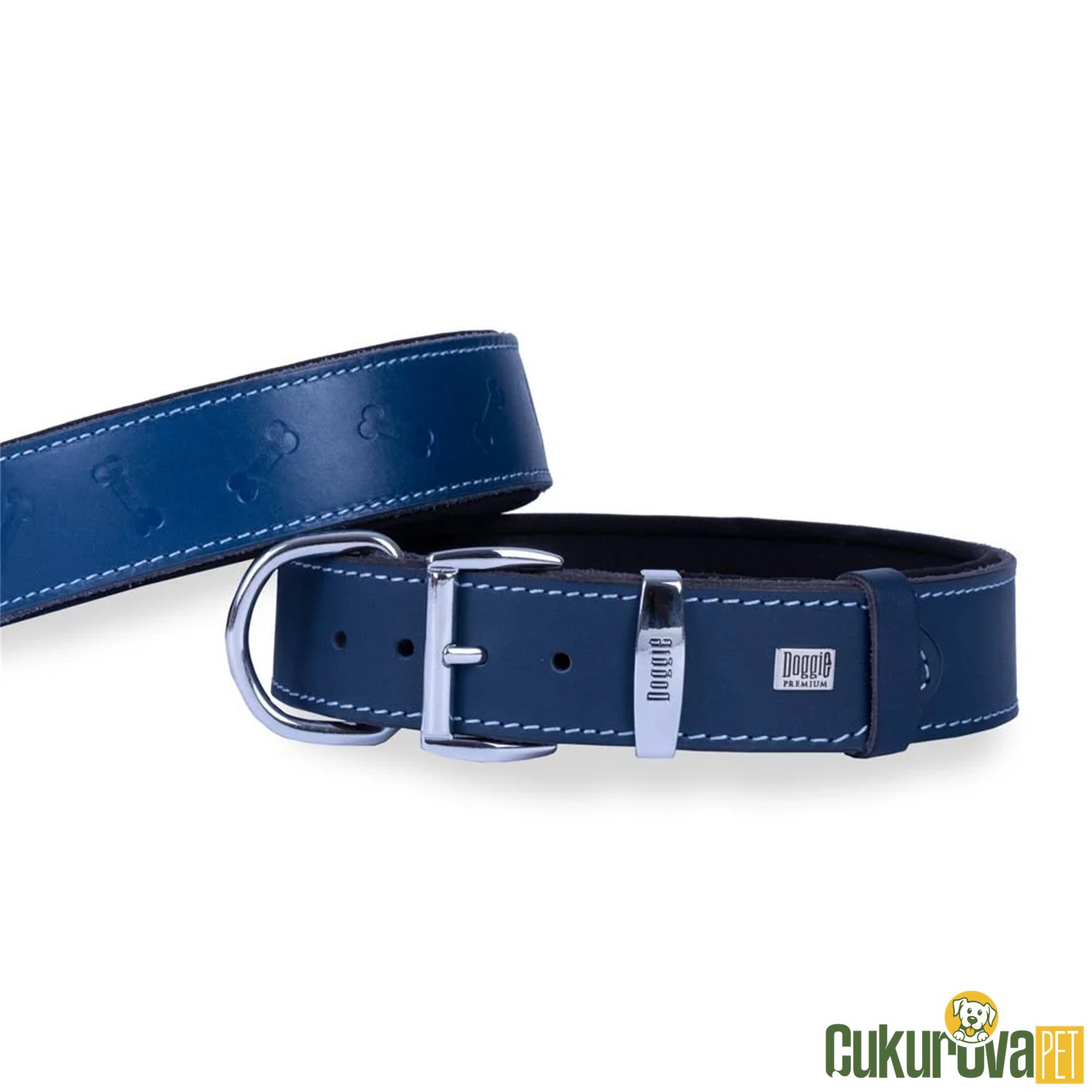 Doggie Konforlu Gerçek Deri̇den El Yapımı Kemi̇k Desenli̇ Köpek Boyun Tasması M - 4 x 52 - 60 Cm - Royal Mavi̇