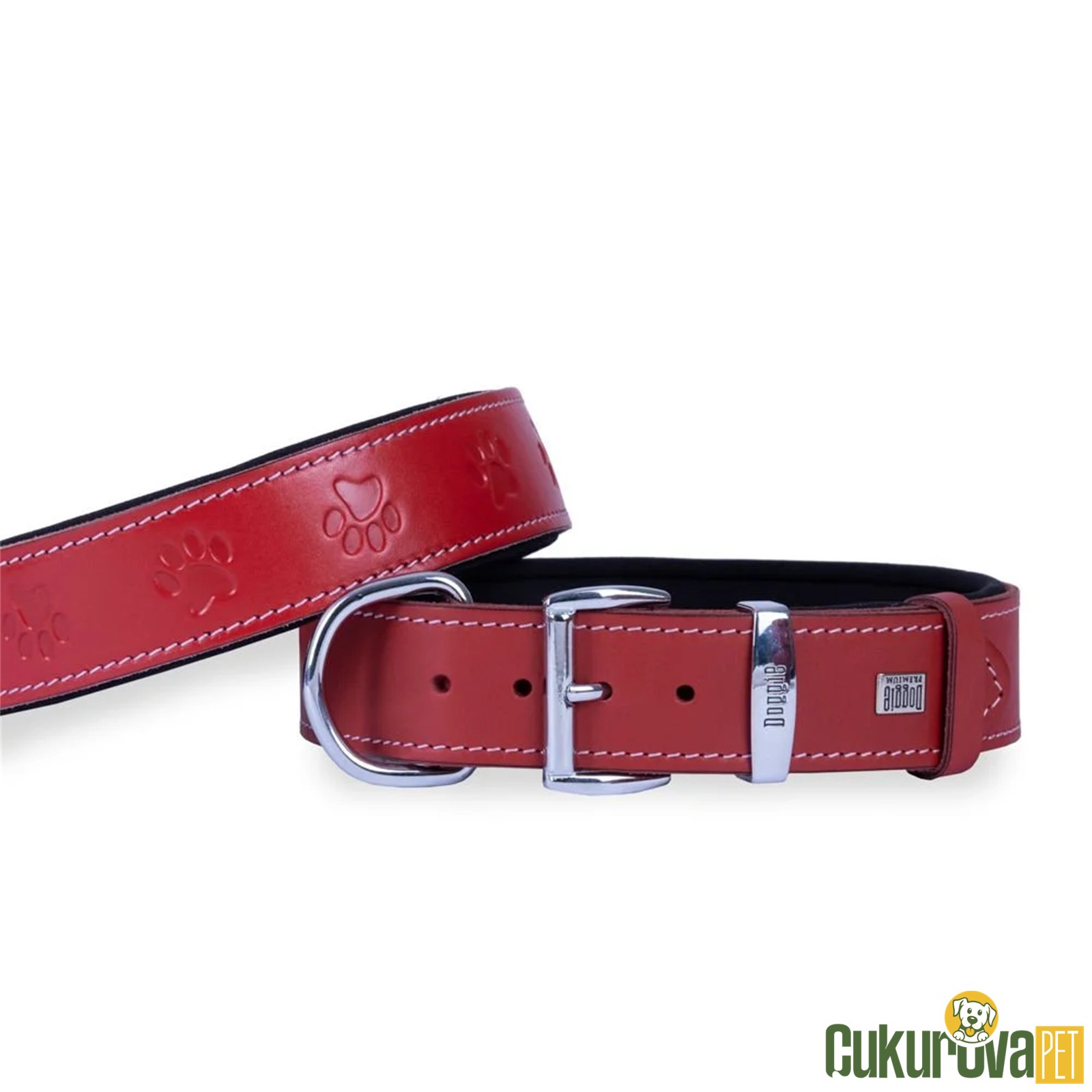 Doggie Konforlu Gerçek Deriden El Yapımı Pati Desenli Köpek Boyun Tasması M - 4 x 52 - 60 Cm - Kırmızı