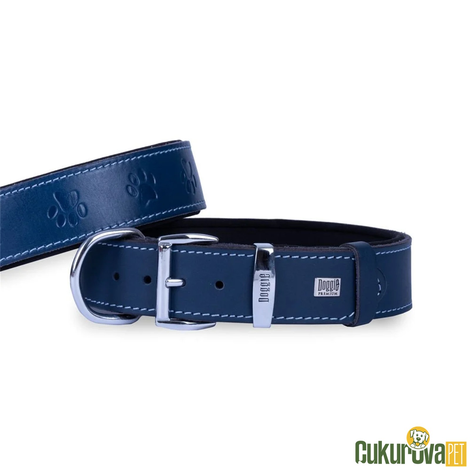 Doggie Konforlu Gerçek Deriden El Yapımı Pati Desenli Köpek Boyun Tasması S - 4 x 47 - 55 Cm - Royal Mavi