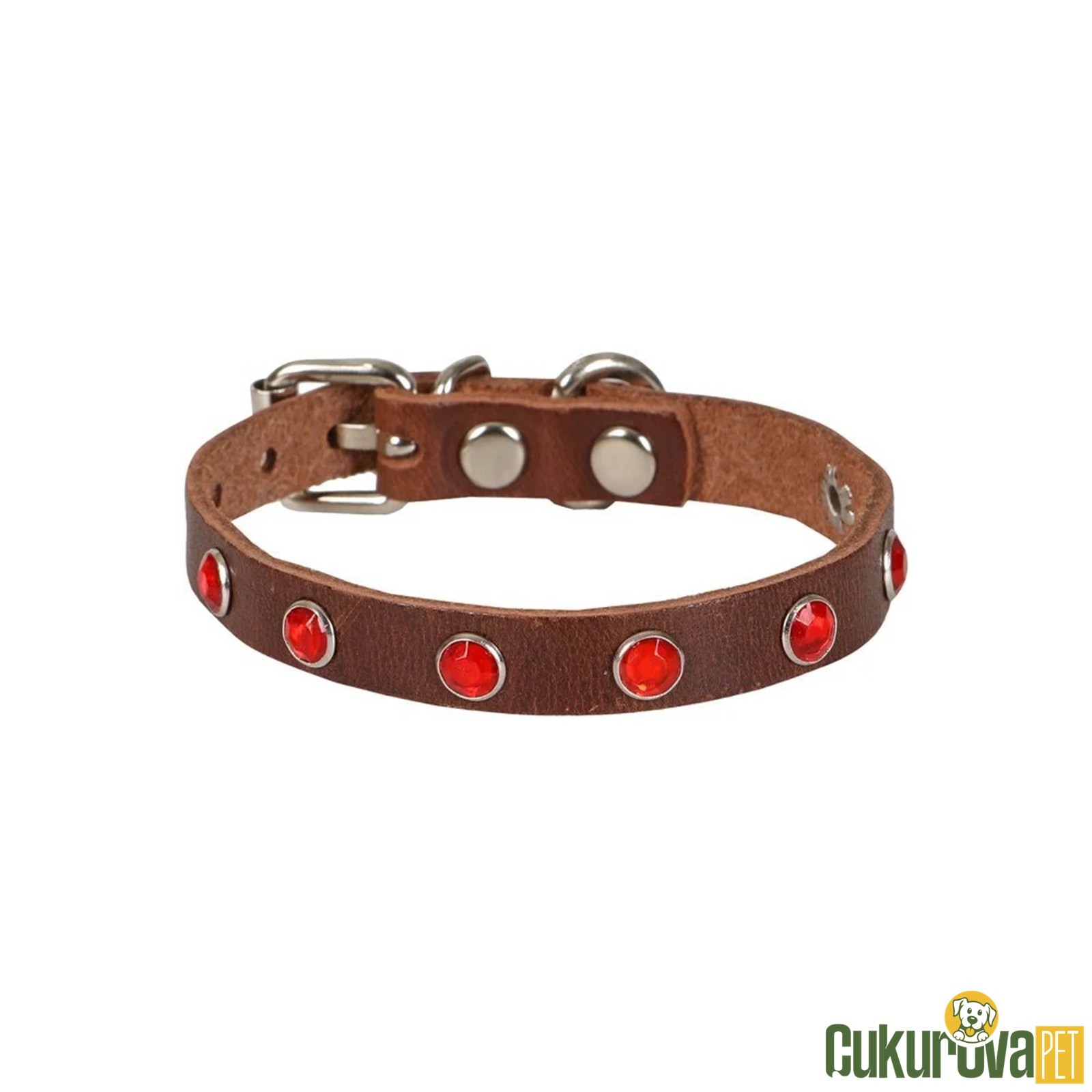 Cattie Gerçek Deriden El Yapımı Taşlı Kedi Boyun Tasması S - 1 Mm x 18 - 22 Cm - Kahverengi