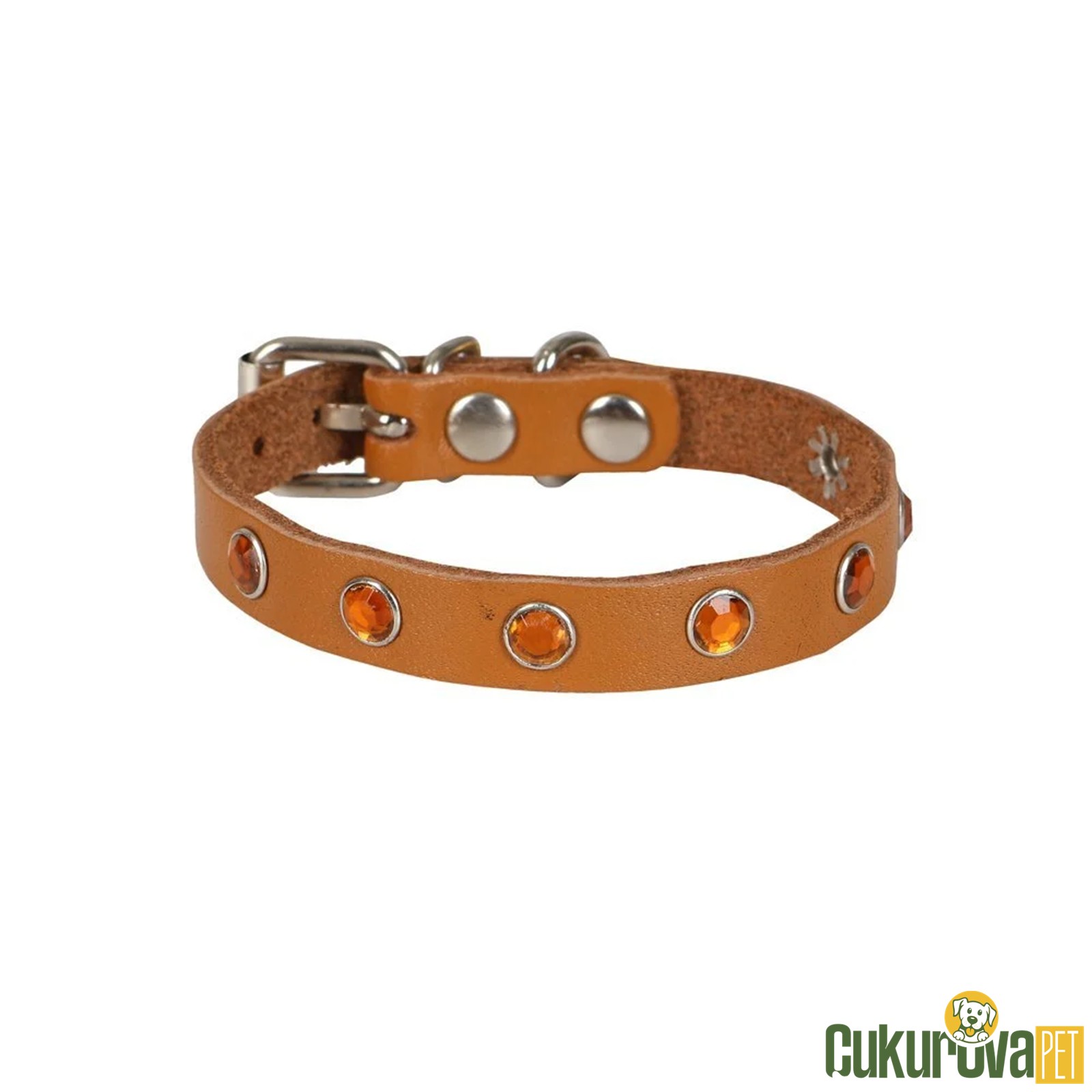 Cattie Gerçek Deri̇den El Yapımı Taşlı Kedi̇ Boyun Tasması S - 1 Mm x 18 - 22 Cm - Kamel