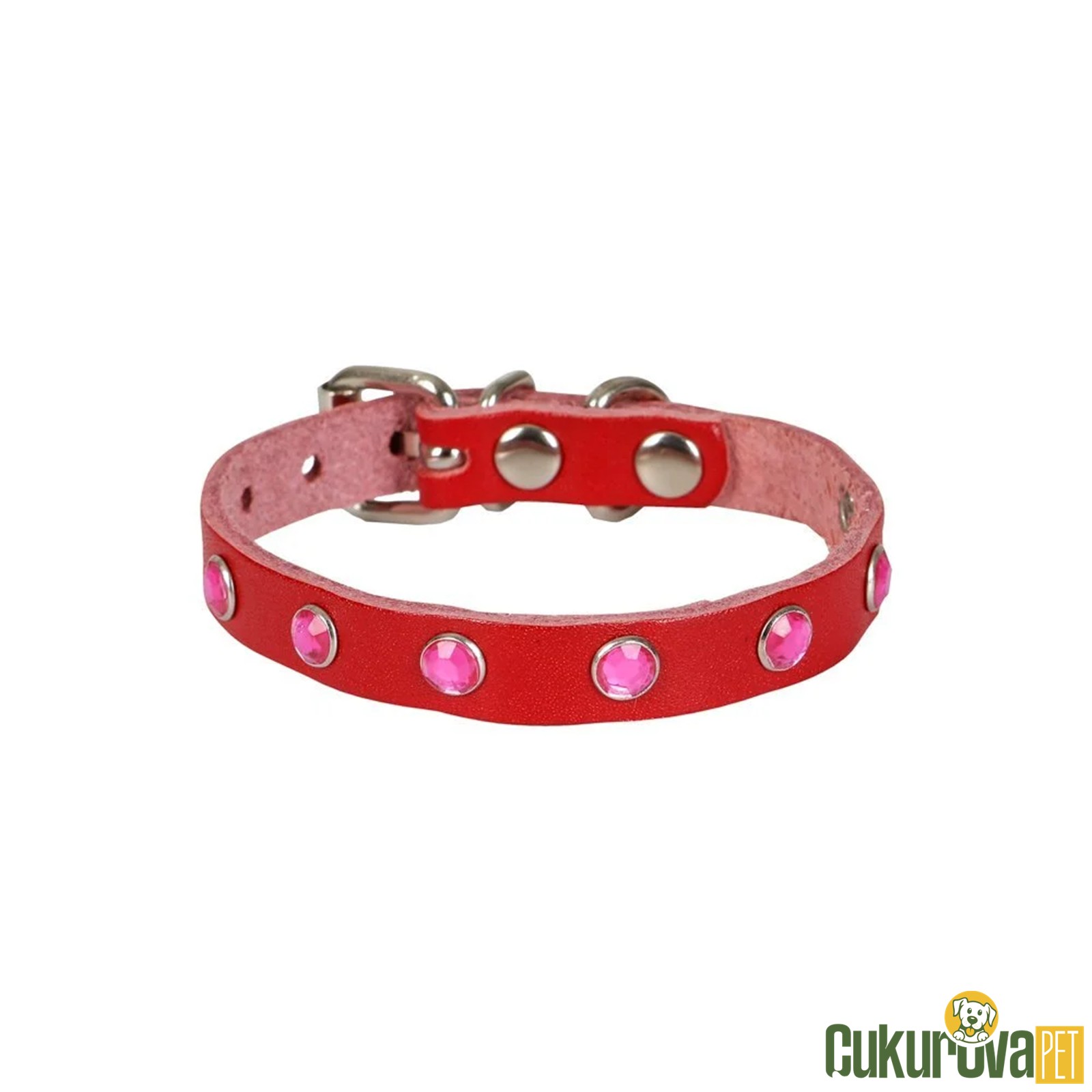 Cattie Gerçek Deriden El Yapımı Taşlı Kedi Boyun Tasması S - 1 Mm x 18 - 22 Cm - Kırmızı