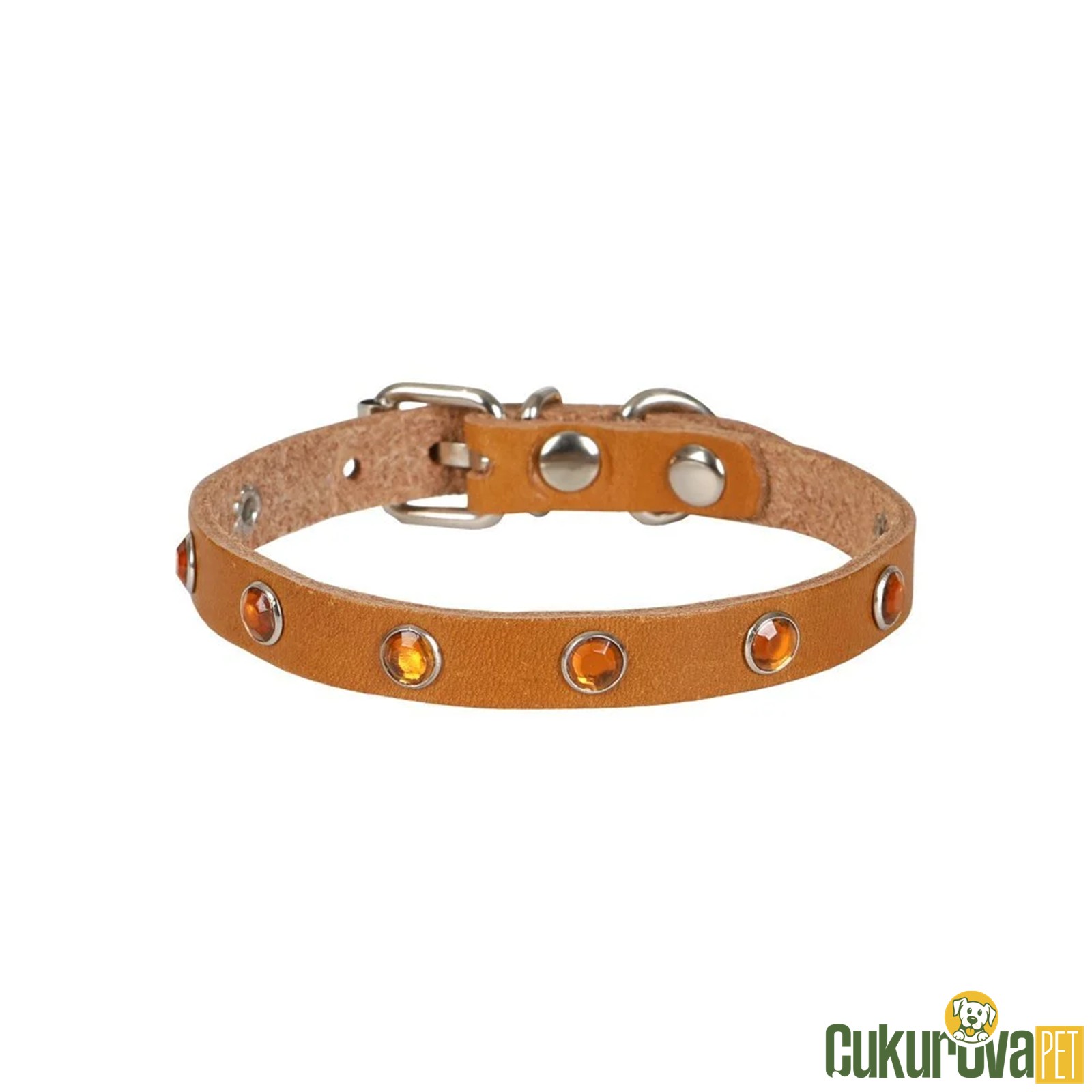 Cattie Gerçek Deriden El Yapımı Taşlı Kedi Boyun Tasması M - 1 Mm x 21 - 25 Cm - Kamel