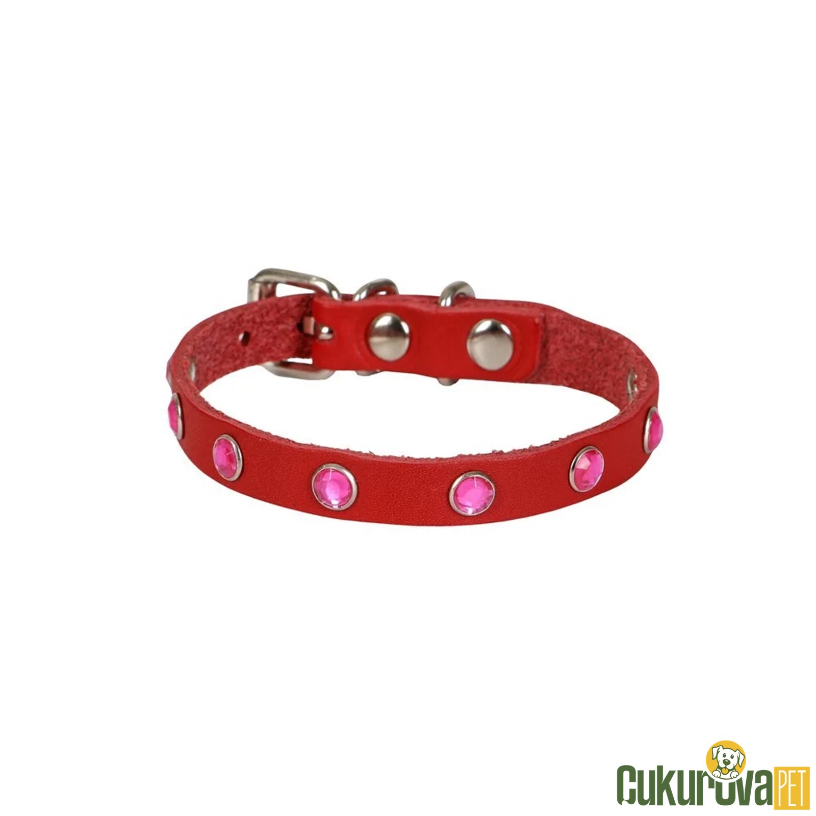 Cattie Gerçek Deri̇den El Yapımı Taşlı Kedi̇ Boyun Tasması M - 1 Mm x 21 - 25 Cm - Kırmızı