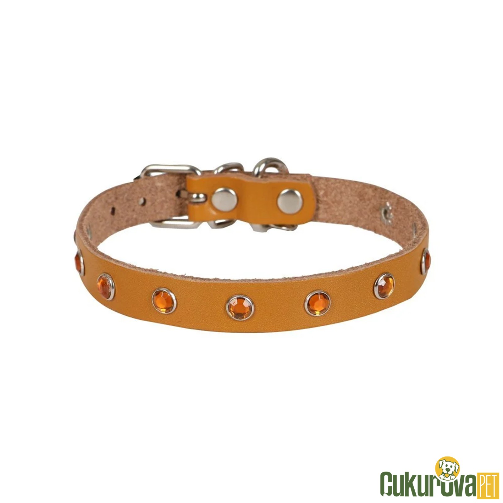 Cattie Gerçek Deriden El Yapımı Taşlı Kedi Boyun Tasması L - 1.2 Mm x 25 - 29 Cm - Kamel