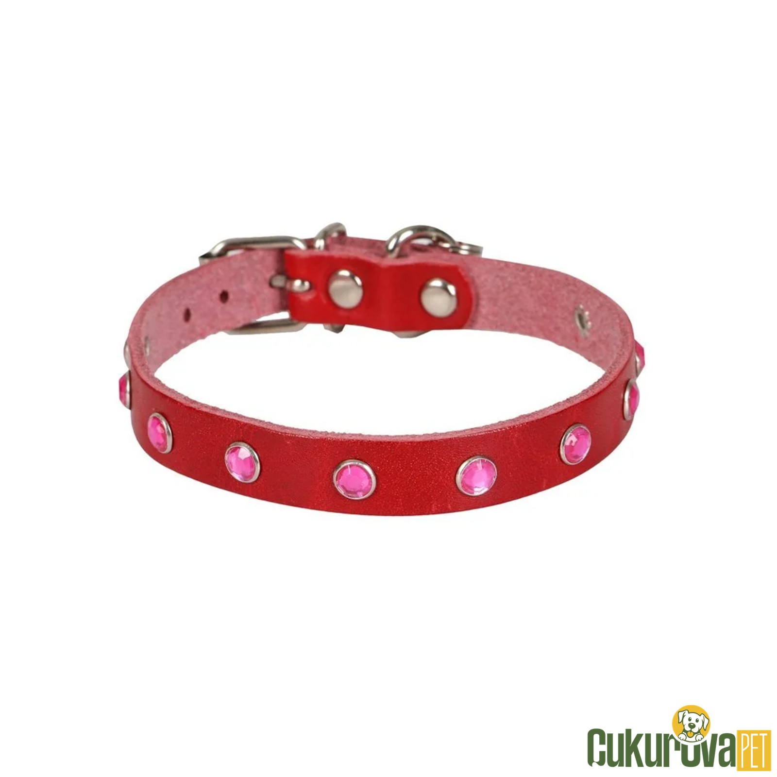 Cattie Gerçek Deriden El Yapımı Taşlı Kedi Boyun Tasması L - 1.2 Mm x 25 - 29 Cm - Kırmızı