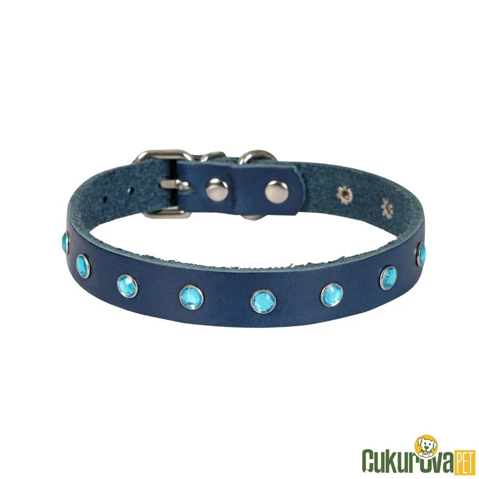 Cattie Gerçek Deri̇den El Yapımı Taşli Kedi̇ Boyun Tasması Xl - 1.5 Mm x 28 - 32 Cm - Royal Mavi̇