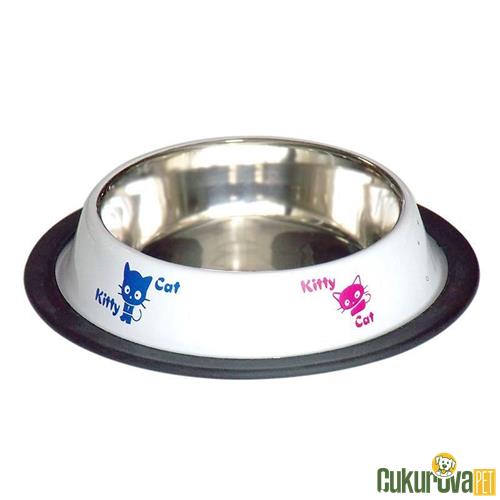 TOMMY KEDİ ÇELİK MAMA KABI KEDİ DESENLİ BEYAZ 8 OZ