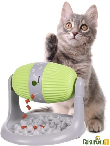 Flamingo Bent Dönebilen Tabaklı Ödül Maması Dispanseri Kedi & Köpek Oyuncağı Açık Yeşil & Gri - 31 x 25 x 26 Cm
