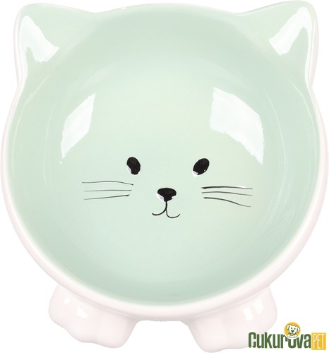 Flamingo Puzi Kedi Desenli Kedi & Köpek Seramik Mama Ve Su Kabı Beyaz & Yeşil - 125 Ml