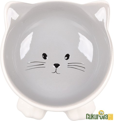 Flamingo Puzi Kedi Desenli Kedi & Köpek Seramik Mama Ve Su Kabı Beyaz & Gri - 125 Ml