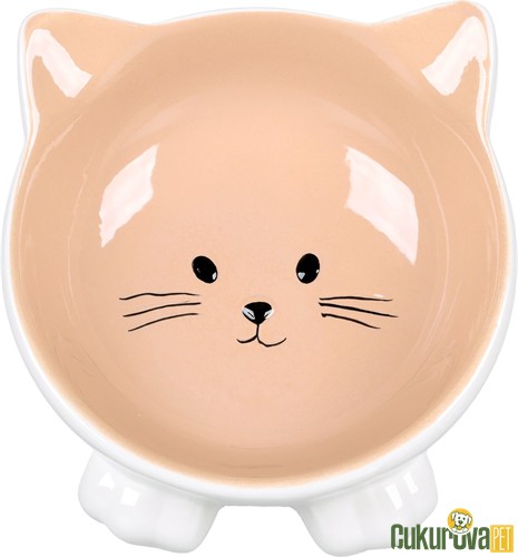 Flamingo Puzi Kedi Desenli Kedi & Köpek Seramik Mama Ve Su Kabı Beyaz & Bej - 125 Ml