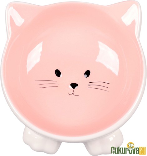 Flamingo Puzi Kedi Desenli Kedi & Köpek Seramik Mama Ve Su Kabı Beyaz & Pembe - 125 Ml