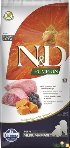 N & D PUMPKIN BAL KABAKLI KUZULU VE YABAN MERSİNLİ ORTA VE BÜYÜK IRK TAHILSIZ YAVRU KÖPEK MAMASI 12 KG