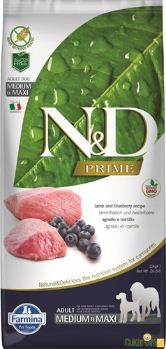 N & D PRIME KUZU ETLİ VE YABAN MERSİNLİ ORTA VE BÜYÜK IRK TAHILSIZ YETİŞKİN KÖPEK MAMASI 12 KG