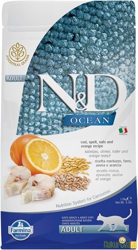 N&D Ocean Adult Morina Balıklı Ve Portakallı Yetişkin Kedi Maması 1.5 Kg
