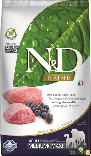 N&D Prime Adult Medium & Maxi Kuzulu Ve Yaban Mersinli Yeti̇şki̇n Köpek Maması 2.5 Kg