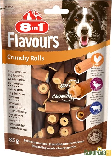 8 In 1 Flavours Crunchy Rolls Tavuklu, Ördekli ve Sığır Etli Köpek Ödül Maması 85 Gr