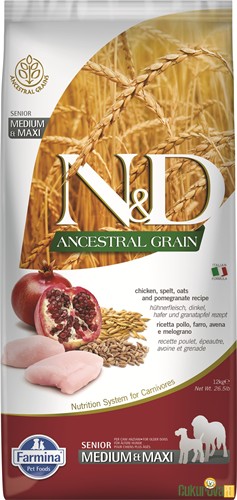 N&D Ancestral Grain Senior Medium & Maxi Tavuklu Ve Narlı Yaşlı Köpek Maması 12 Kg