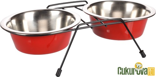 Flamingo Arjun Standlı İkili Kedi & Köpek Çelik Mama Ve Su Kabı Kırmızı - 2 x 800 Ml