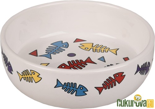 Flamingo Balık Desenli Kedi & Köpek Seramik Mama Ve Su Kabı Beyaz - 375 Ml