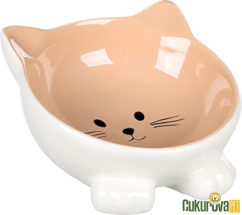 Flamingo Puzi Kedi Desenli Kedi & Köpek Seramik Mama Ve Su Kabı Beyaz & Bej - 125 Ml