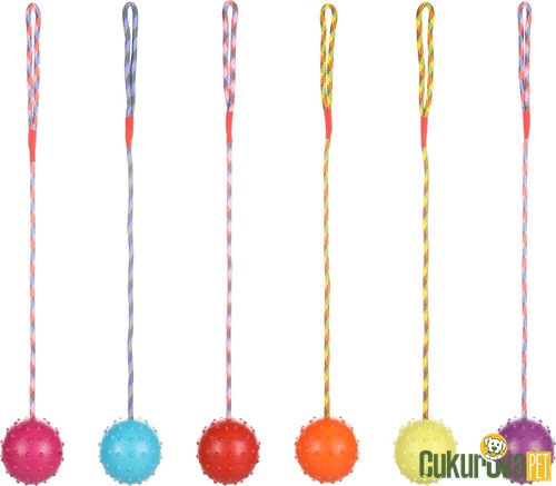 Flamingo Rula İpli Lastik Zil Sesli Top Köpek Oyuncağı Karışık Renkli - 58 Cm
