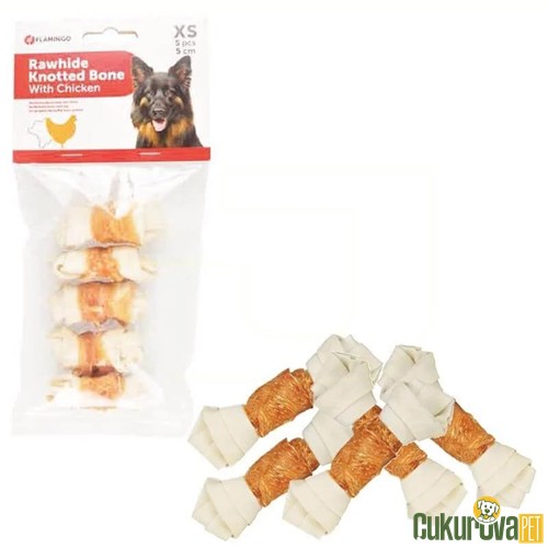 FLAMINGO KÖPEK ÖDÜLÜ TAVUK SARGILI DÜĞÜMLÜ KEMİK 5 CM - 5'Lİ