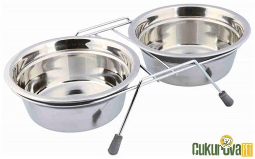 TRIXIE KÖPEKLER İÇİN İKİLİ PASLANMAZ ÇELİK MAMA VE SU KABI 16 CM - 2 x 900 ML - GRİ
