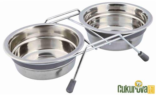 TRIXIE KEDİ VE KÜÇÜK IRK KÖPEKLER İÇİN İKİLİ PASLANMAZ ÇELİK MAMA VE SU KABI 13 CM - 2 x 450 ML - GRİ