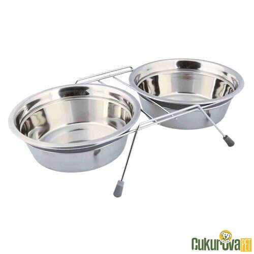 TRIXIE KÖPEKLER İÇİN İKİLİ PASLANMAZ ÇELİK MAMA VE SU KABI 25 CM - 2 x 1.5 L - GRİ