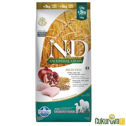 N & D Düşük Tahilli Tavuklu Narlı Medium Maxi Yetişkin Köpek Maması 12 + 3 Kg